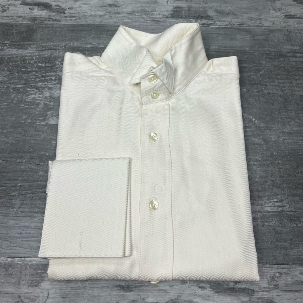 Edgar Pomeroy Ecru Ivory Herringbone Wing Collar Dress Shirt 16 36/37